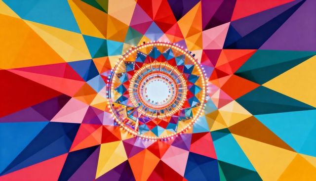 Kaleidoscopic Radial Ceiling Mandala with Glowing Ring Lights and Geometric Triangles