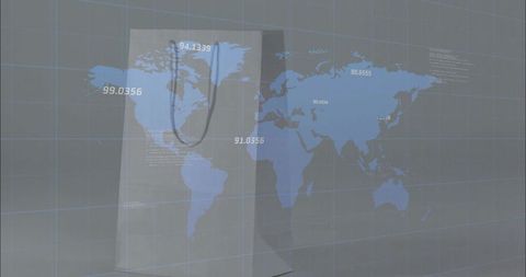 Global retail analytics concept with shopping bag silhouette and digital world map overlay