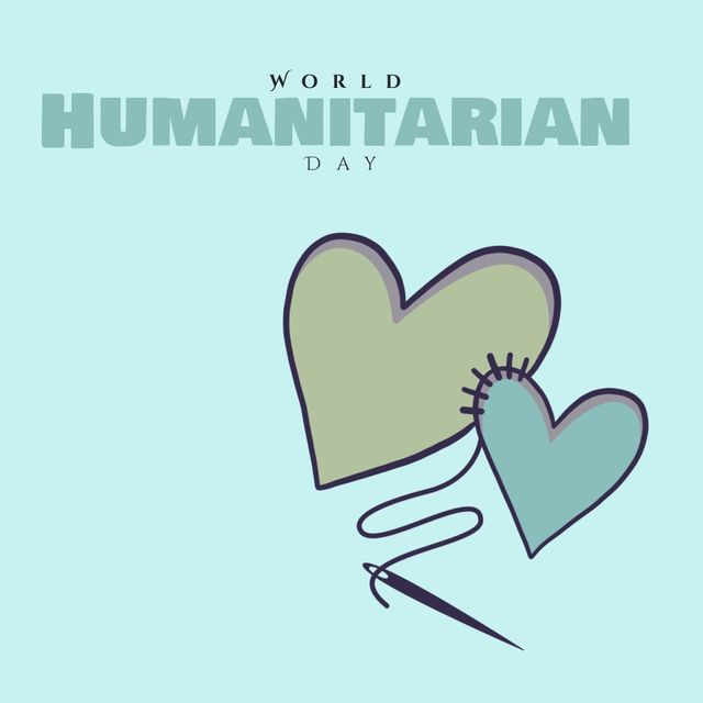 Illustration of heart shapes and world humanitarian day text on blue background, copy space. Vector, love, support, memorial, recognition, sacrifice and humanitarian concept.