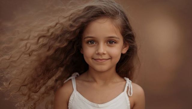 Smiling girl with long wavy hair closeup headshot warm golden bokeh childhood portrait