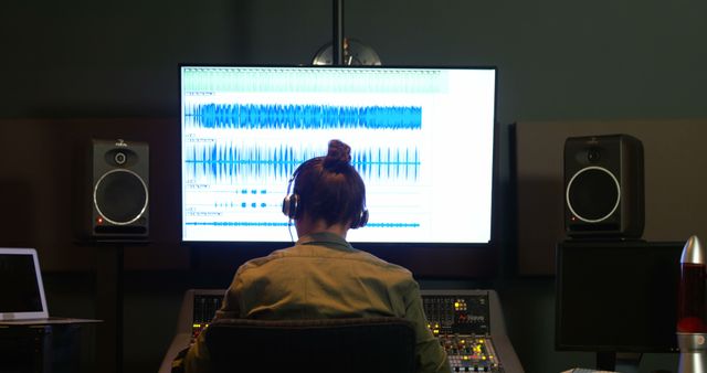 Audio engineer sitting at mixing console, wearing headphones, focused on editing music. Monitor shows waveforms and sound patterns. Ideal for content about music production, sound engineering, creative occupations, technology in music.