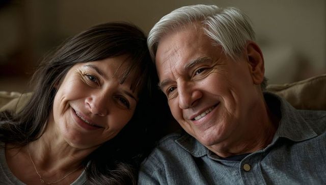 Mature couple sharing quiet moment on sofa, leaning heads together, warm domestic portrait