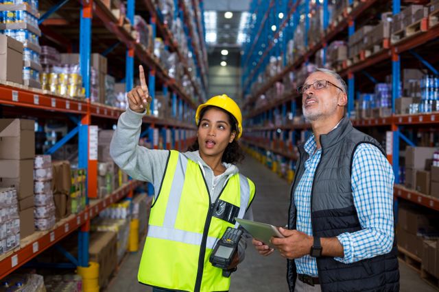 Manager and female worker interacting while using laptop in warehouse