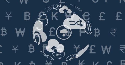 Global Finance Connectivity with Currency Symbols and Cloud Illustrations