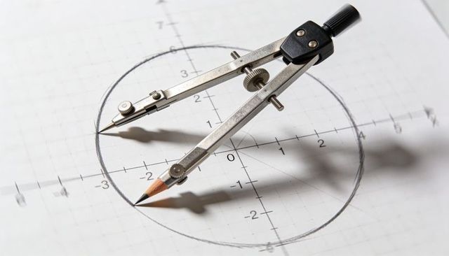 Drawing circle on cartesian graph paper with metal compass and pencil for drafting