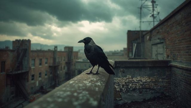 Mysterious Crow Perching on Urban Rooftop