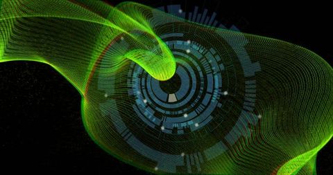 Neon green mesh ribbon sweeping through futuristic blue hud data visualization