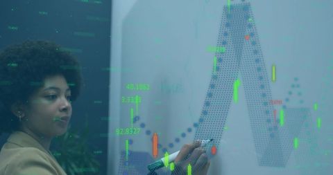 Analyst annotating glass board with candlestick charts for finance presentation
