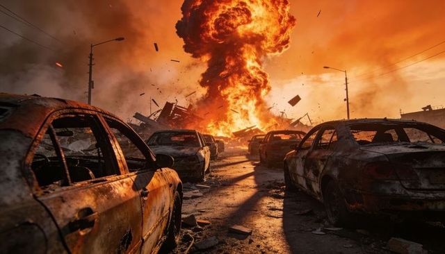 Fiery mushroom cloud erupting over charred urban roadway, burning cars and scorched wreckage