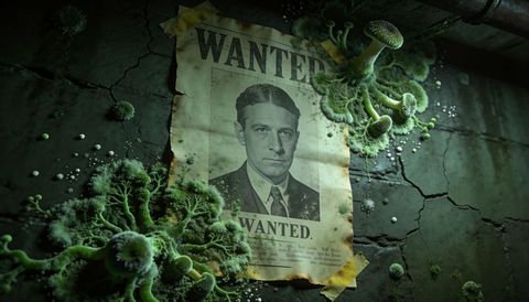 Mold-overrun wanted poster on damp wall with vintage mugshot and eerie fungal growth