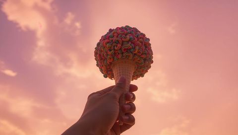 Holding waffle cone topped with multicolored coiled candy orb against pastel sunset sky