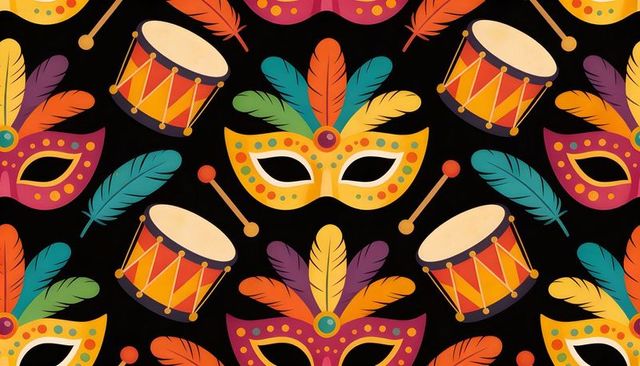 Carnival mask and drums seamless pattern with vibrant feathers for festive backgrounds