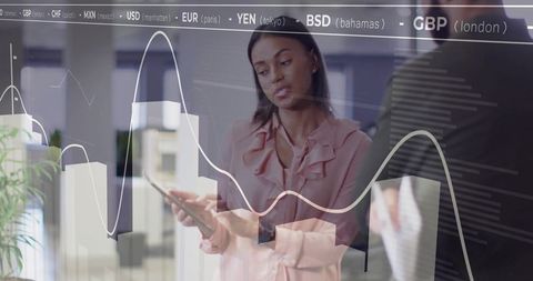 Team Discussing Financial Data on Digital Screen in Office Setting