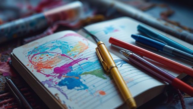Colorful notebook with watercolor splatters and pens in art studio