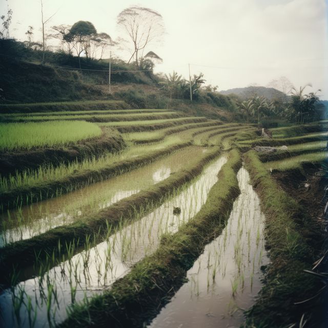 Terraced rice fields on a mountain slope during sunrise. This natural landscape captures the contours of the field stacked one above the other, reflecting water, and vivid green of the growing rice plants. Ideal for use in travel blogs, agriculture articles, rural lifestyle promotions, environmental awareness campaigns, and publications on sustainable farming practices.