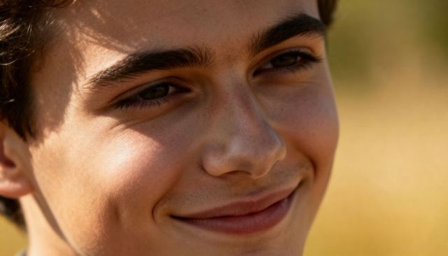 Smiling teen male showing dimples and freckles basking in warm golden sunlight