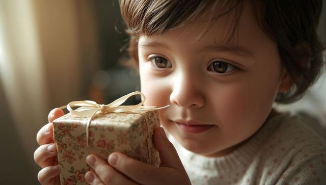 Preschooler holding floral gift box and ribbon, gazing with wonder in warm window light