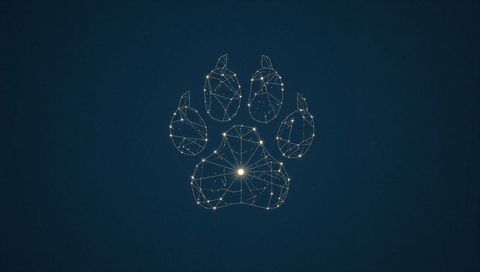 Luminescent paw constellation with central node, geometric network lines on navy