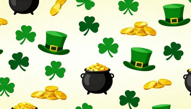 St patrick's day seamless pattern with pot of gold, shamrocks and leprechaun hats