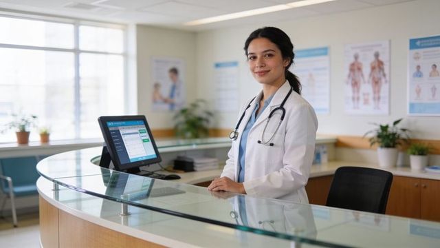 Female doctor standing at clinic reception desk using touchscreen computer, smiling