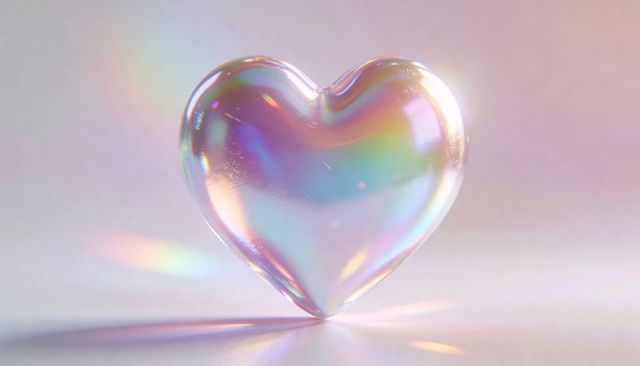 Iridescent heart resting on reflective surface casting rainbow prism glow