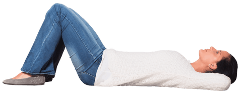 Transparent Relaxing Woman in Jeans Lying Down in White Sweater