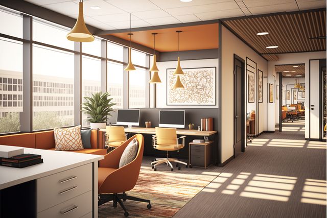 This modern open office features an abundance of natural light streaming through large windows, illuminating sleek workspaces. Chairs and desks are ergonomically designed, and the office is decorated with artwork and plants. Ideal for showcasing modern office designs, professional work environments, or corporate settings. Use in publications or websites focusing on business, interior design, or office productivity.