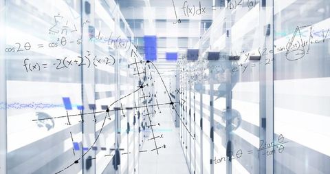Futuristic Data Center Aisle with Mathematical Overlays