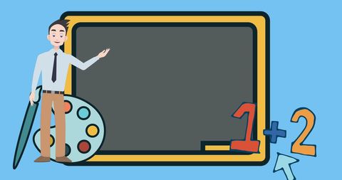 Animated teacher explains math concepts with digital board