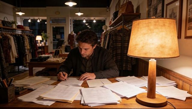 Boutique owner working late at desk surrounded by paperwork and warm lamp glow