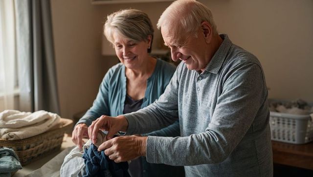 Seniors folding laundry together at home smiling couple sharing household chores teamwork