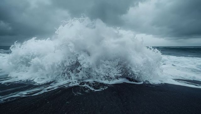 Crashing ocean wave on black sand beach sending explosive white spray under storm clouds