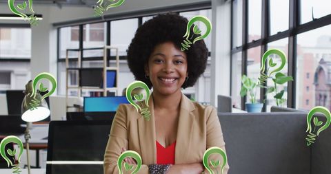 African American Businesswoman with Ideas and Innovation Icons