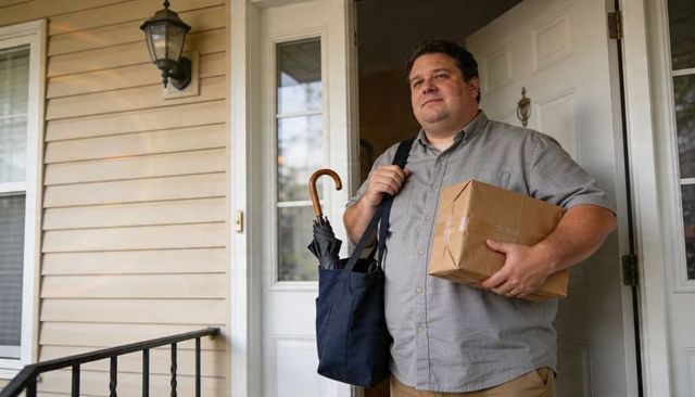 Delivery courier standing at suburban doorway holding parcel and tote with umbrella