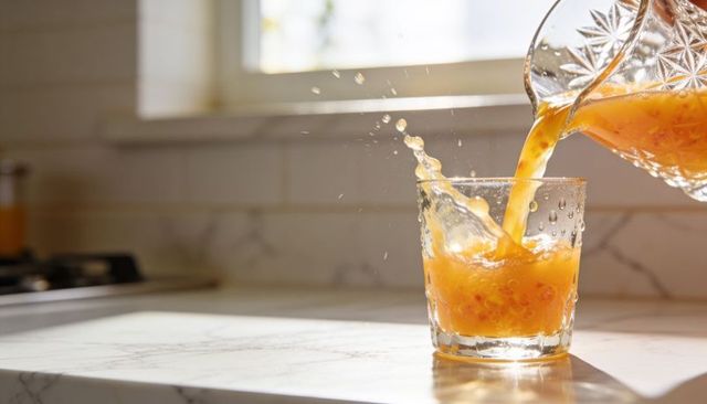 Pouring orange juice splashing from crystal pitcher into glass on sunlit marble countertop