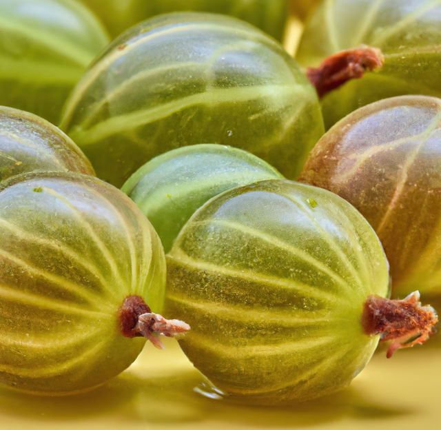 This detailed close-up of fresh green gooseberries is perfect for promoting healthy eating, cookbooks, or food blogs. The high-resolution macro capture highlights the juicy texture and veins of the berries, making it suitable for use in nutritional articles, grocery store advertisements, or organic product packaging.