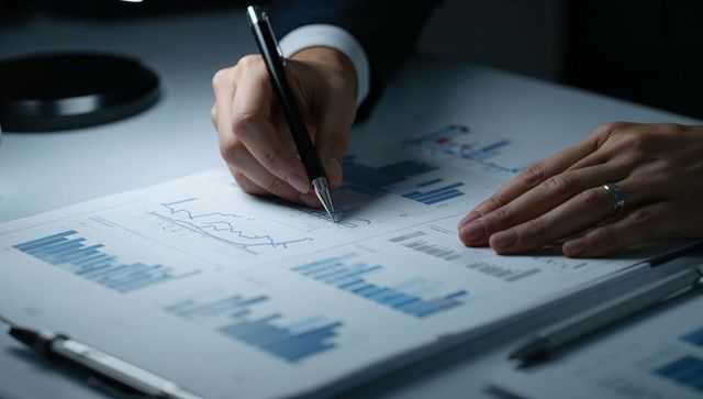 Business analyst annotating financial reports with pen, focusing on charts and metrics