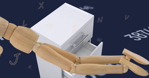 Wooden mannequin and floating letters: conceptual minimalism