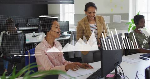 Customer Service Team Collaborating with Analytics Overlay Showing Performance Metrics