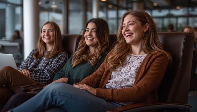 Three friends laughing and relaxing together in airport lounge chairs