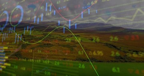 Rural landscape showing financial market overlay with candlesticks and moving averages