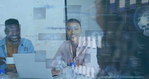 Diverse Team Analyzing Financial Data with Digital Analytics Overlay