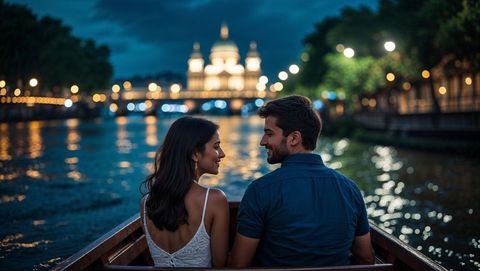 Lovers enjoying romantic night rowing on urban river