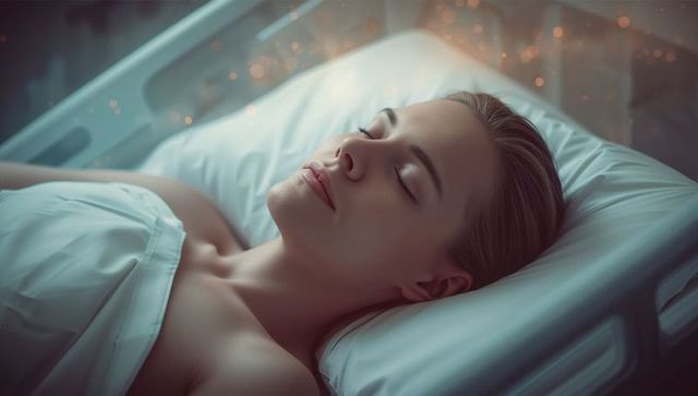 Serene woman relaxing on wellness suite bed in soft lighting