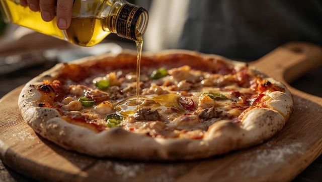 Drizzling olive oil over neapolitan pizza with runny egg, sausage and jalapeno