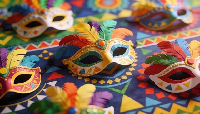 Colorful carnival masks adorning geometric fabric, feathers and glitter embellishments