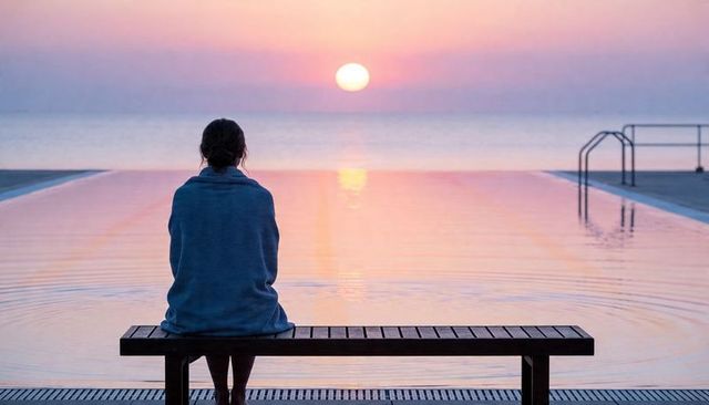 Woman sitting wrapped in blanket gazing at sunrise over ocean from infinity pool bench