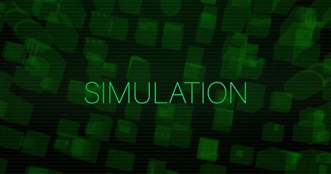 Digital simulation text over cityscape hologram