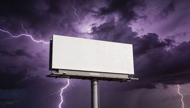 Blank billboard against dramatic purple lightning storm for outdoor advertising mockup