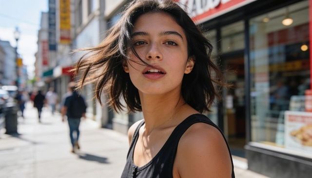 Confident young woman windblown hair looking at camera on sunny city sidewalk storefront